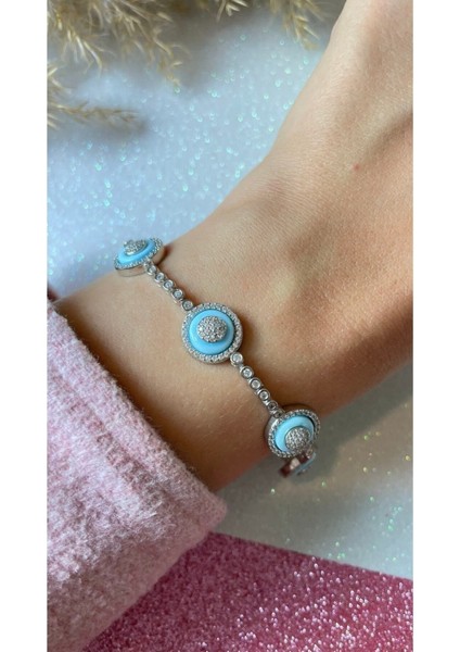 Beyaz Altın Kaplama 5'li Bebe Mavisi Nazar Boncuklu 925 Ayar Gümüş Bileklik