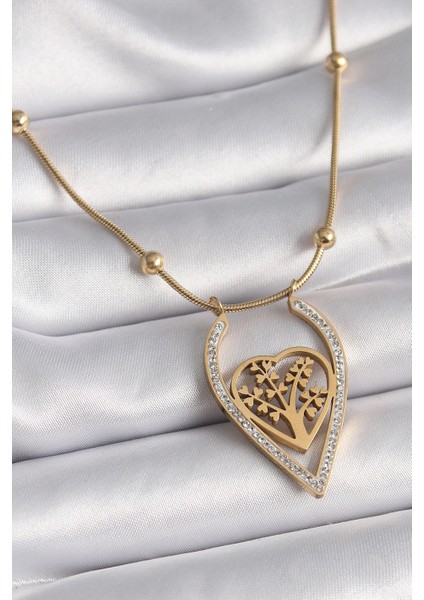 Bfs 316L Çelik Gold Renk Zirkon Taşlı Detaylı Kalp Fidan Model Kadın Kolye