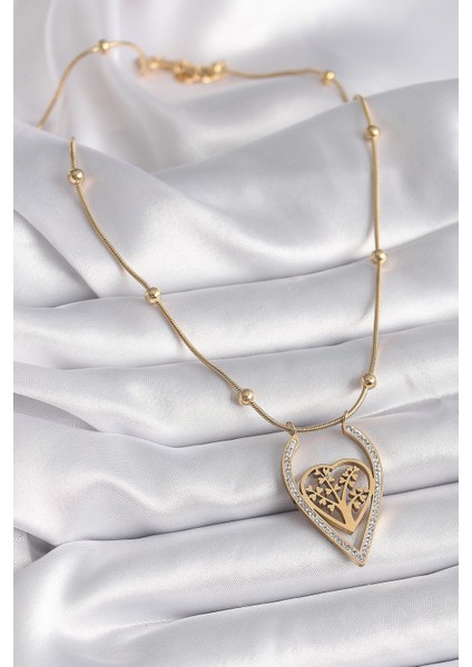 Bfs 316L Çelik Gold Renk Zirkon Taşlı Detaylı Kalp Fidan Model Kadın Kolye fiyatları