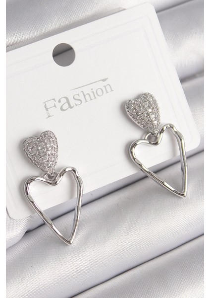 Bfs Pirinç Gümüş Renk Zirkon Taşlı Kalp Model Kadın Küpe