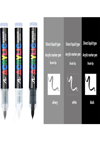 3pcs Akrilik Beyaz Işaretçi Fırça Kalemleri Kaya Boyama Taşı Seramik Cam Ahşap Lastik Kumaş Metal Tuval Renk: 1silver-1 Beyaz Black (Yurt Dışından)