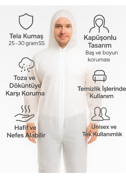 White Guard(20 Li Paket) Tek Kullanımlık Beyaz 25 Gr. Nonwoven Tela Tulum,kullan At Tulum