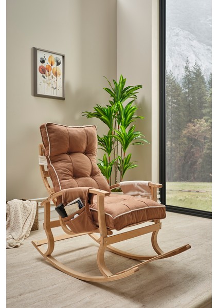 Relax Lüx Ahşap Çift Minderli Çift Cepli Sallanan Sandalye Çift Taraflı Sallanan Koltuk Tv Koltuğu