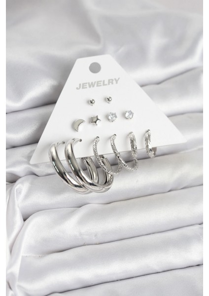 Pirinç Gümüş Renk Halka Modelli 6 Çift Kadın Küpe - TJ-BKP11335