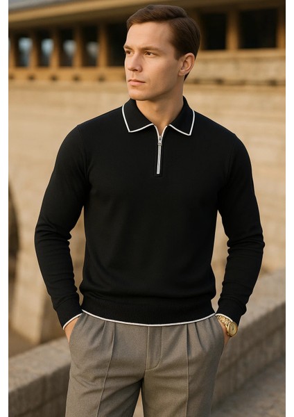 Erkek Çizgili Trend Uzun Kollu Siyah Polo Yaka Kazak