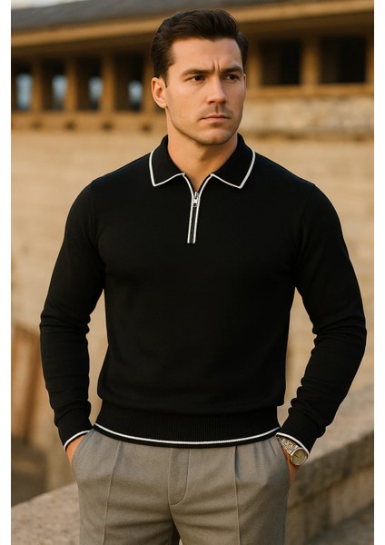 Erkek Çizgili Trend Uzun Kollu Siyah Polo Yaka Kazak fiyatları