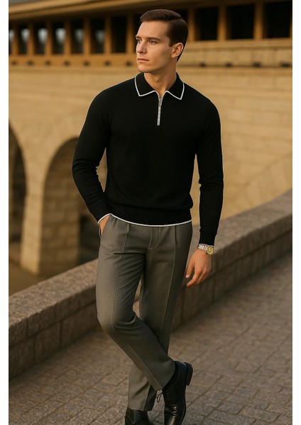 Erkek Çizgili Trend Uzun Kollu Siyah Polo Yaka Kazak fırsatları