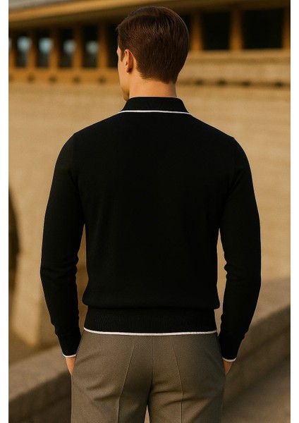 Erkek Çizgili Trend Uzun Kollu Siyah Polo Yaka Kazak indirimleri