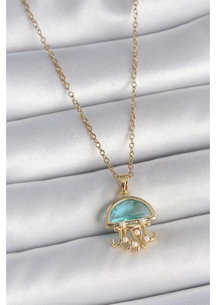 316L Çelik Gold Renk Mavi Taşlı Deniz Anası Model Inci Detay Kadın Kolye - Lisinya