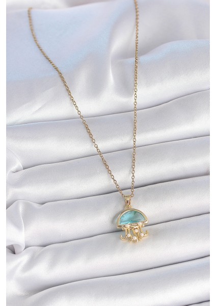 316L Çelik Gold Renk Mavi Taşlı Deniz Anası Model Inci Detay Kadın Kolye - Lisinya fiyatları