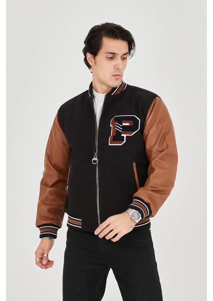 Erkek Içten Elyaf ve Astarlı Kolları Suni Deri Ceket - Kahverengi