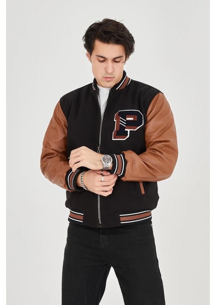 Erkek Içten Elyaf ve Astarlı Kolları Suni Deri Ceket - Kahverengi