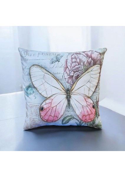 Dijital Baskı Tek Tarafı Kart Postal Temalı Kelebek Desenli Pamuklu Kırlent Kılıfı