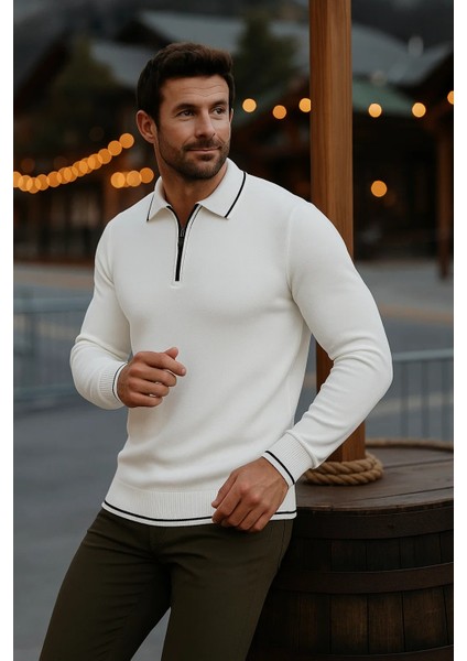 Erkek Günlük Uzun Kollu Beyaz Polo Yaka Kazak