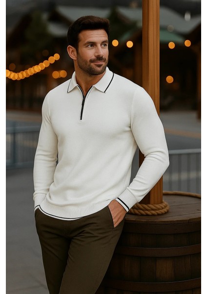 Erkek Günlük Uzun Kollu Beyaz Polo Yaka Kazak modelleri