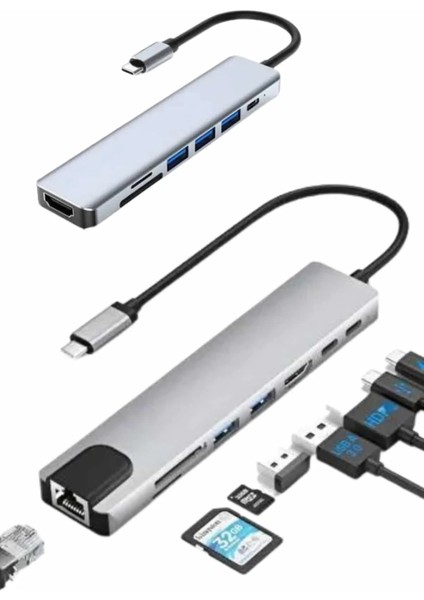 8 Port Çoklayıcı Macbook ile Uyumlu Çoğaltıcı Type-C Dönüştürücü Tf Sd Kart modelleri