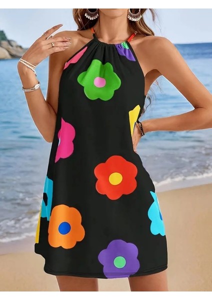 Kadın Boyundan Askılı Kolsuz Çiçek Desenli Süprem Elbise fiyatları