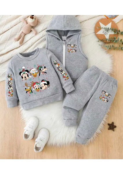 Punıx Kıds Özel Üretim Minik Kahramanlar Baskılı %100 Pamuk Kışlık Erkek Çocuk Yelekli 3 Lü Eşofman Takımı