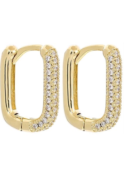 Zirkon Taşlı Altın Kaplama Dikdörtgen Halka Küpe- 2 cm