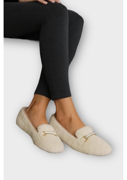 Yumuşak Peluş Ses Yapmaz Hafif Taban Kadın Ev Babeti Panduf Beyaz