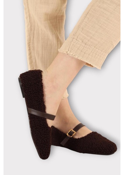 Yumuşak Peluş Ses Yapmaz Hafif Taban Kemerli Kadın Ev Babeti Panduf Kahverengi