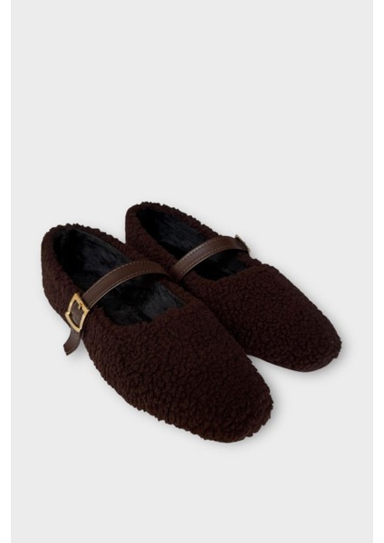 Yumuşak Peluş Ses Yapmaz Hafif Taban Kemerli Kadın Ev Babeti Panduf Kahverengi