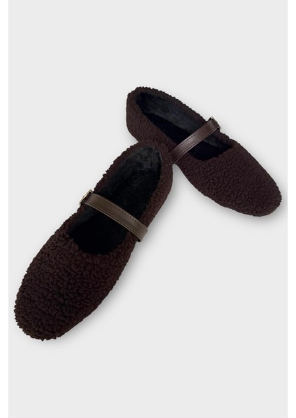 Yumuşak Peluş Ses Yapmaz Hafif Taban Kemerli Kadın Ev Babeti Panduf Kahverengi