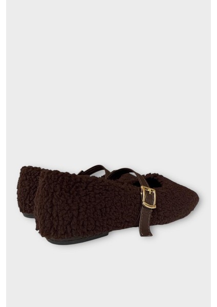 Yumuşak Peluş Ses Yapmaz Hafif Taban Kemerli Kadın Ev Babeti Panduf Kahverengi