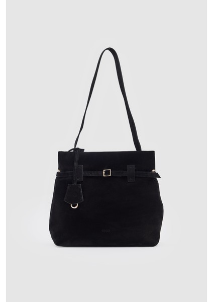 Suvea Siyah Süet Hakiki Deri Omuz Çantası