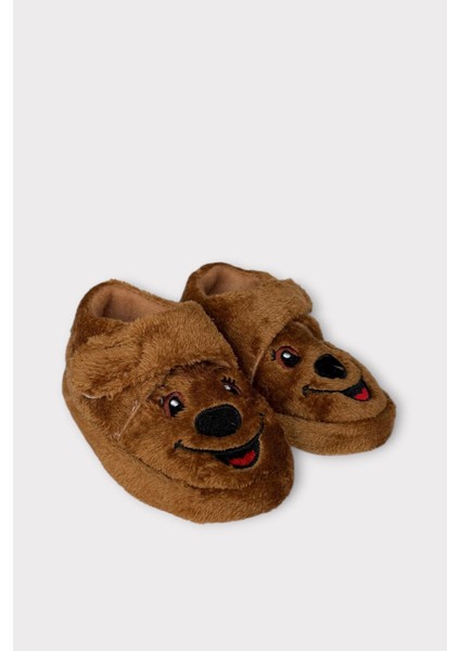 Kız Çocuk Cırtlı Kaydırmaz Taban Anaokulu Kreş Ev Ayakkabısı Panduf Kahverengi