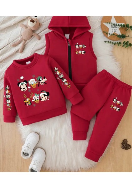 Punıx Kıds Özel Üretim Minik Kahramanlar Baskılı %100 Pamuk Kışlık Erkek Çocuk Yelekli 3 Lü Eşofman Takımı