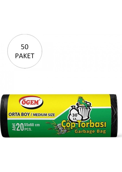 Orta Boy Çöp Torbası 55 x 60 cm 20 Li Rulo x 50 Paket = 1.000 Adet (Siyah)