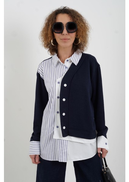 Lacivert Triko Detaylı Çizgili Gömlek