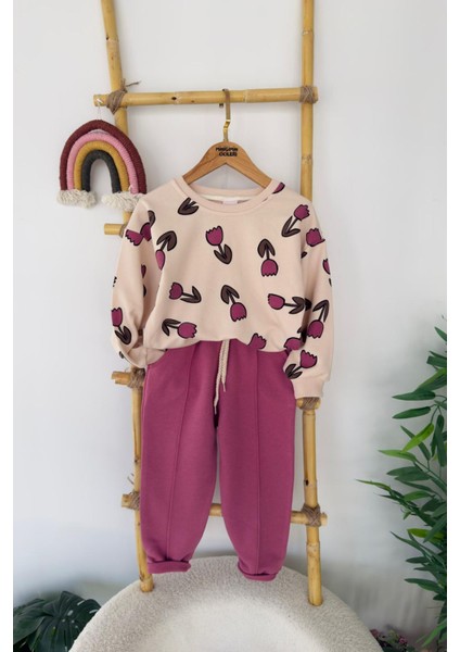 Lale Baskılı Kız Çocuk Kışlık takım - Mor