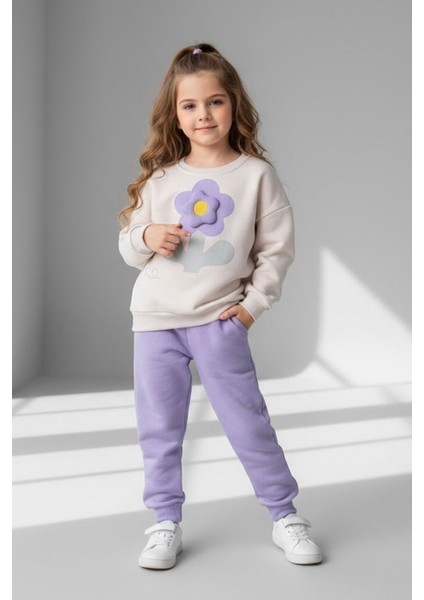 Dokulu Papatya Desenli Kız Çocuk Kışlık takım - Lila