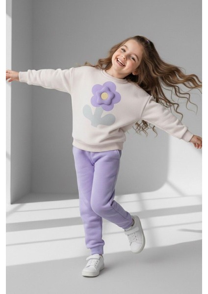 Dokulu Papatya Desenli Kız Çocuk Kışlık takım - Lila modelleri