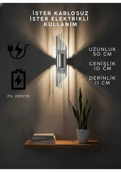 Krom Gümüş Renk Pilli ve Elektrikli Lüks Modern Duvar Aplik Merdiven