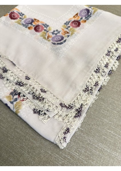 Anne Eli Ile Işlenmiş Tığ Oyalı Yazma Örtü Yerli Üretim 100X100CM