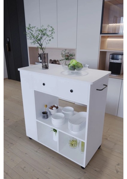 Tekerlekli Raflı Kahve Köşesi Dolabı – Oval Kenarlı, Çekmeceli, Mikrodalga ve Tost Makinesi Uyumlu, Modern Beyaz Tasarım fiyatları