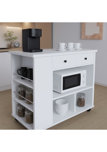 Tekerlekli Raflı Kahve Köşesi Dolabı – Oval Kenarlı, Çekmeceli, Mikrodalga ve Tost Makinesi Uyumlu, Modern Beyaz Tasarım modelleri