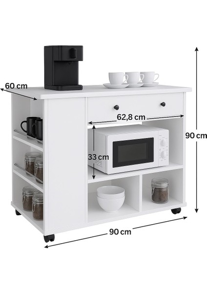 Tekerlekli Raflı Kahve Köşesi Dolabı – Oval Kenarlı, Çekmeceli, Mikrodalga ve Tost Makinesi Uyumlu, Modern Beyaz Tasarım fırsatları