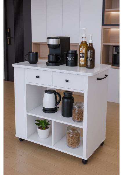 Tekerlekli Raflı Kahve Köşesi Dolabı – Oval Kenarlı, Çekmeceli, Mikrodalga ve Tost Makinesi Uyumlu, Modern Beyaz Tasarım indirimleri