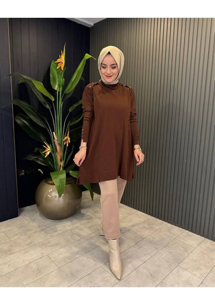 7014 Omuzu Kolu Düğmeli Vanezia Triko Tunik modelleri