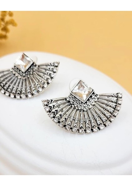 Işıltılı Antik Yelpaze Gümüş Kaplama Küpe