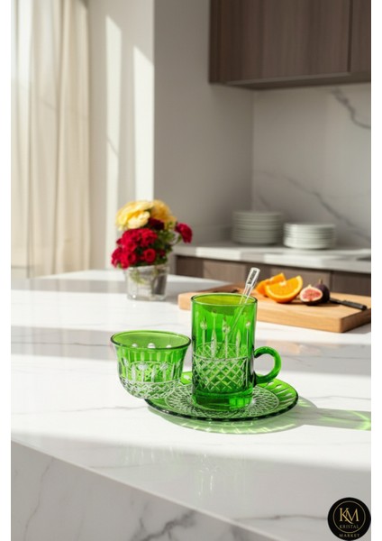 El Yapımı Kristal Desenli Yeşil 6 Kişilik Çay Takımı Set 18 Parça