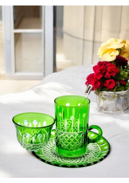 El Yapımı Kristal Desenli Yeşil 6 Kişilik Çay Takımı Set 18 Parça fiyatları