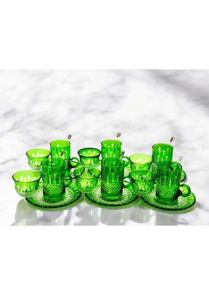 El Yapımı Kristal Desenli Yeşil 6 Kişilik Çay Takımı Set 18 Parça modelleri