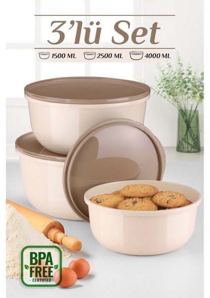 3'lü Pello Yuvarlak Saklama Kabı Seti - Mikrodalga ve Difriz Uyumlu Düzenleyici Badya 1,5-2,5-4 L