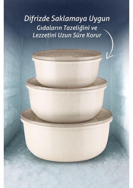 3'lü Pello Yuvarlak Saklama Kabı Seti - Mikrodalga ve Difriz Uyumlu Düzenleyici Badya 1,5-2,5-4 L modelleri