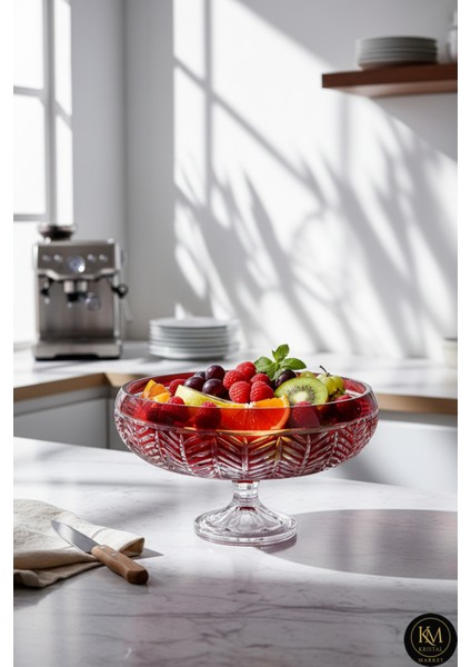 28CM Kesme Kristal Paris Dekor Kırmızı Ayaklı Kase Milas Desen